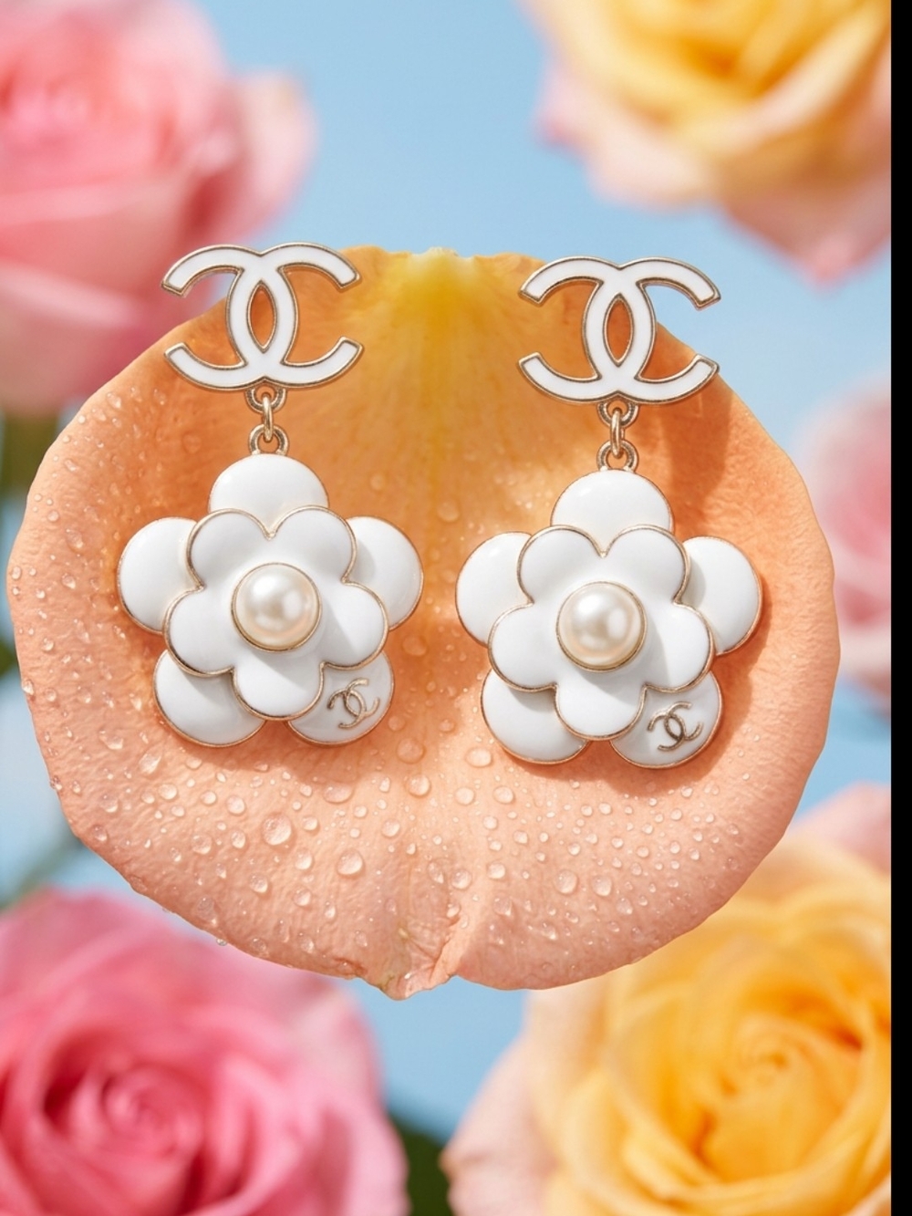 White Camellia Drop Earrings with Pearl and Gold-Tone CC Studs